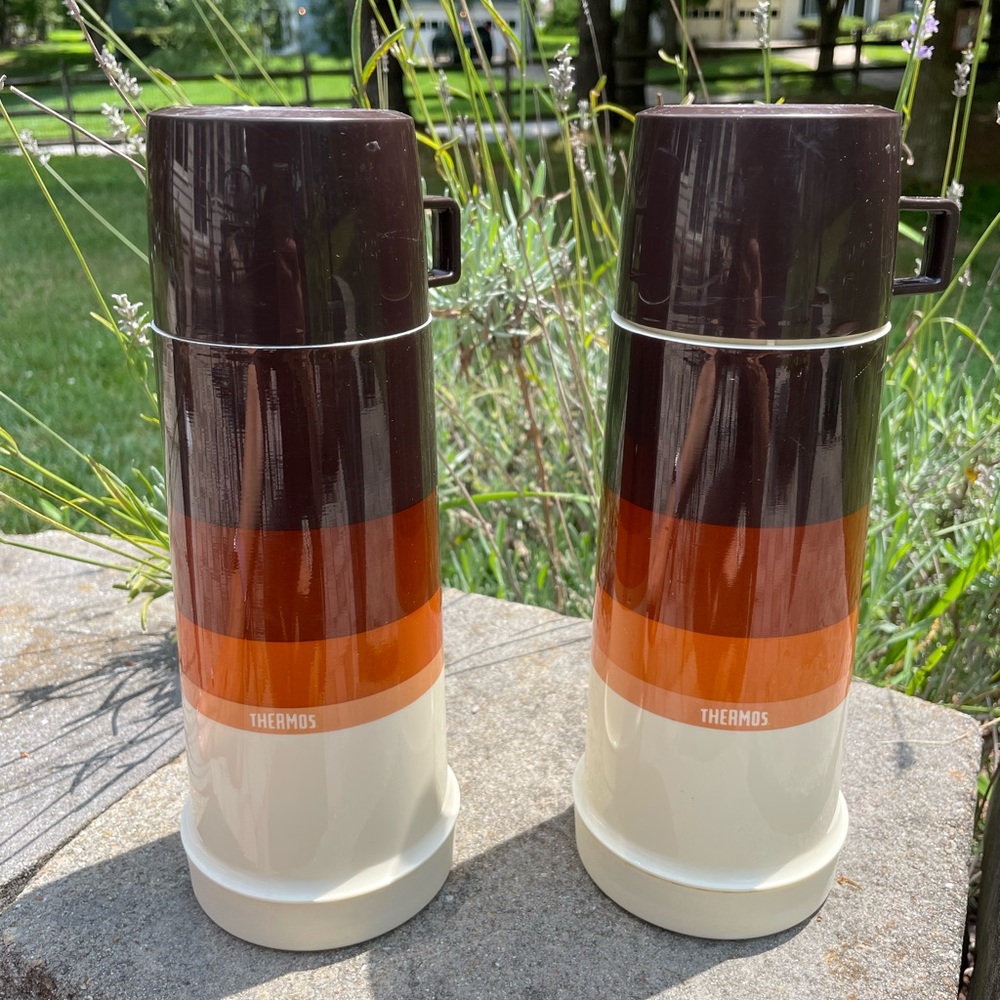 Set of 2 Vintage Brown Stripe Thermos with Spout Top and Cups